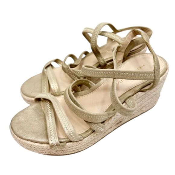 Pelle Moda Gold Espadrille Wedge Sandals Ankle Strap Strappy Size 6.5 - Picture 1 of 7